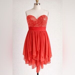 My Michelle Coral Strapless Sequin Bodice Chiffon Handkerchief Hem Dress Size 1